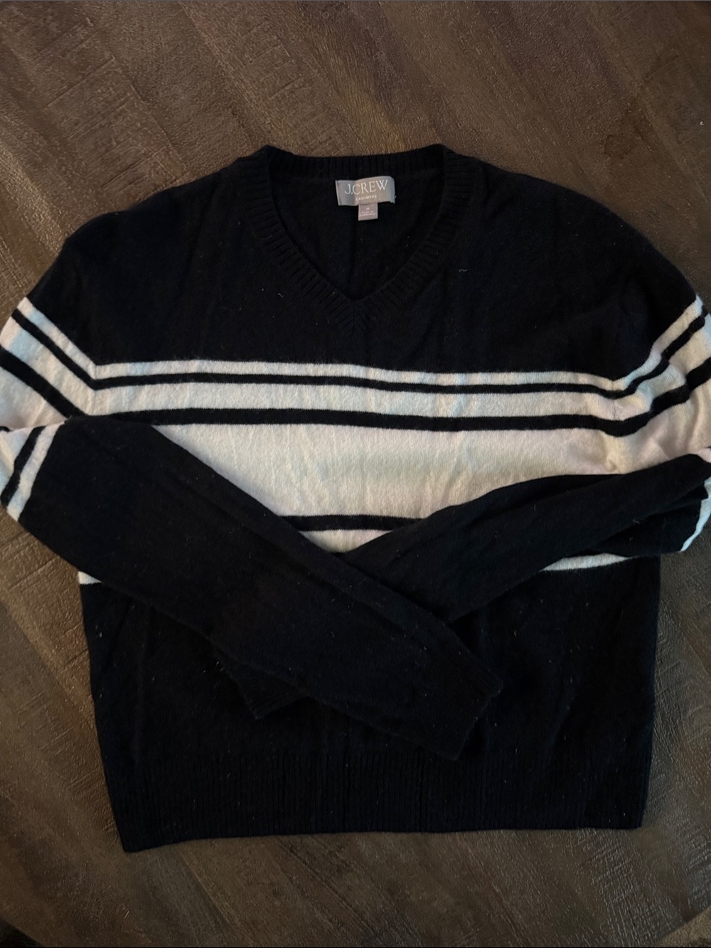 J. Crew Black and White Striped V-Neck Sweater